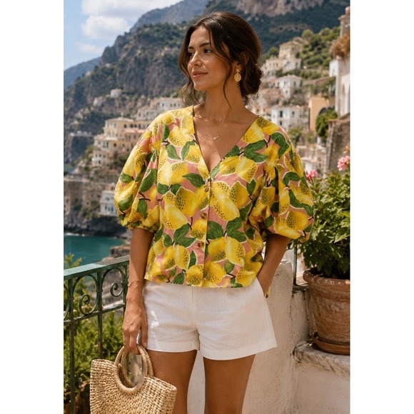 FARM Rio Tops - Farm Rio Fresh Lemons Puff Sleeve Shirt Top Button Front Medium